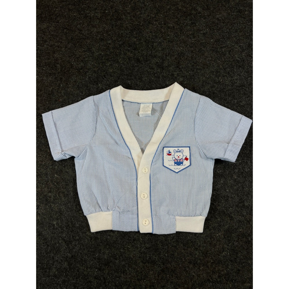 Vintage 90s Seersucker Nautical Bunny Cardigan Blue White Stripe 6-9 Months NWT